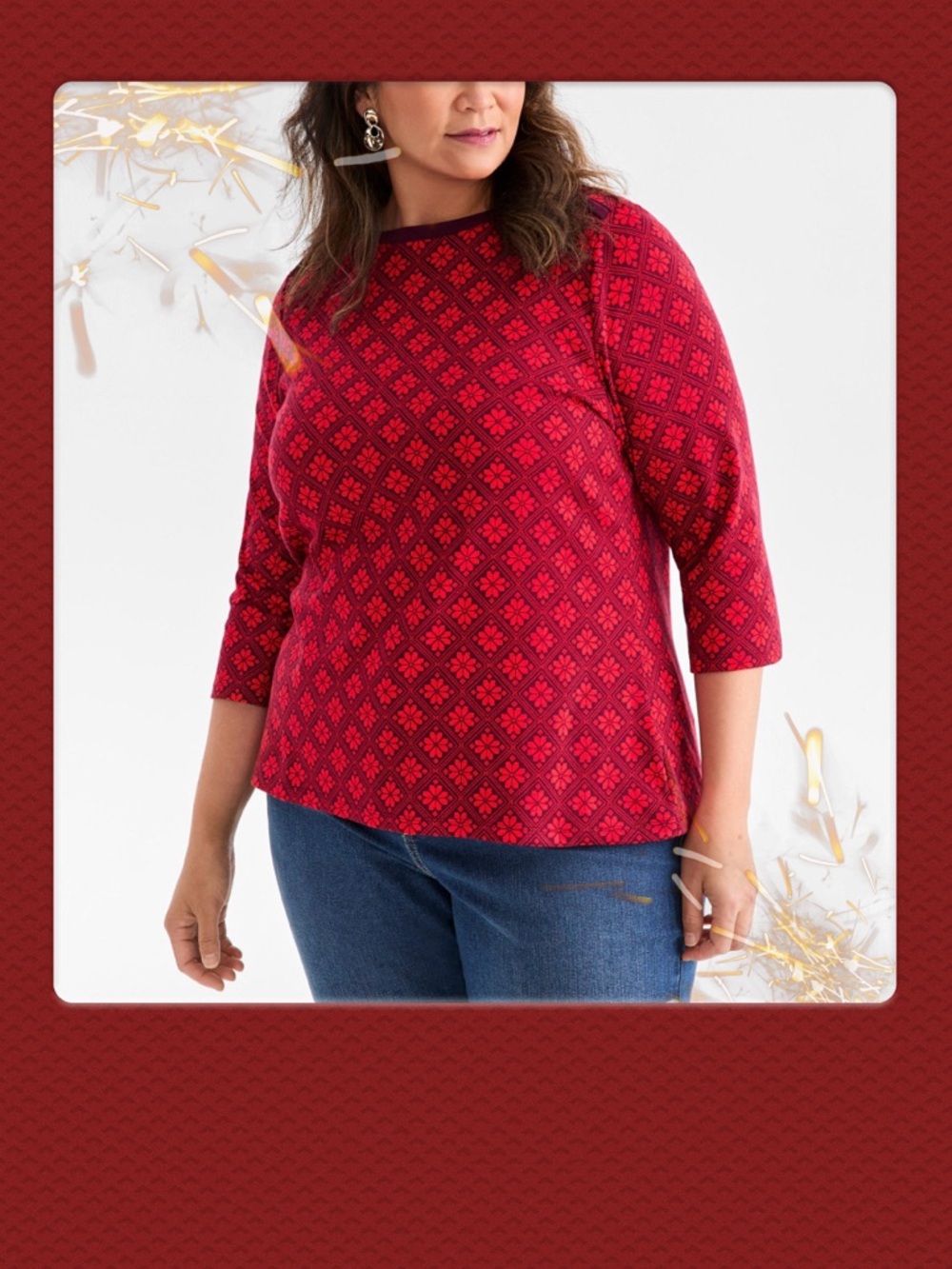 Style&Co. Printed Knit 3/4 Sleeve Pima Cotton Top Deep Cranberry Combo Sz XXL